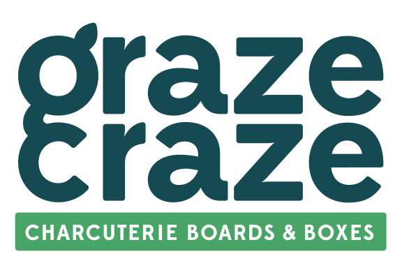 gcz Graze Craze logo featuring the text "Graze Craze" and "Charcuterie Boards & Boxes" on a green banner background.