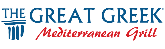 tgg The Great Greek Mediterranean Grill logo with blue and red text and an illustration of a Greek column.